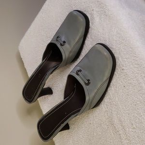 Nine West gray mules with brown top stitching, Size 9